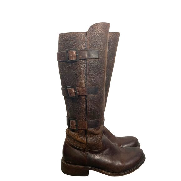 J.B. Dillion tooled Leather tall riding boots buckle shaft steampunk women’s 7 - Picture 5 of 14